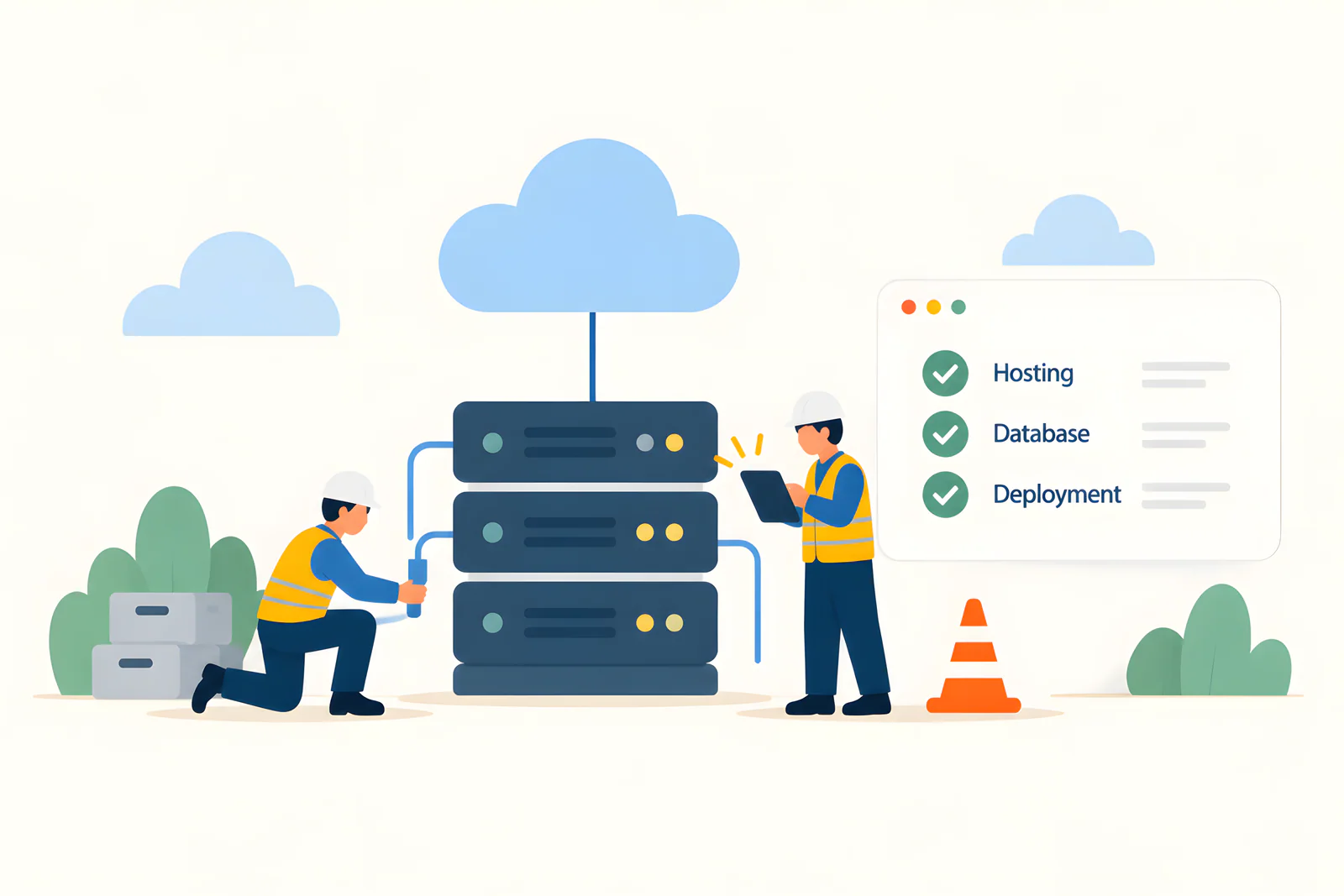 Illustration of production infrastructure with hosting, databases, and deployment.