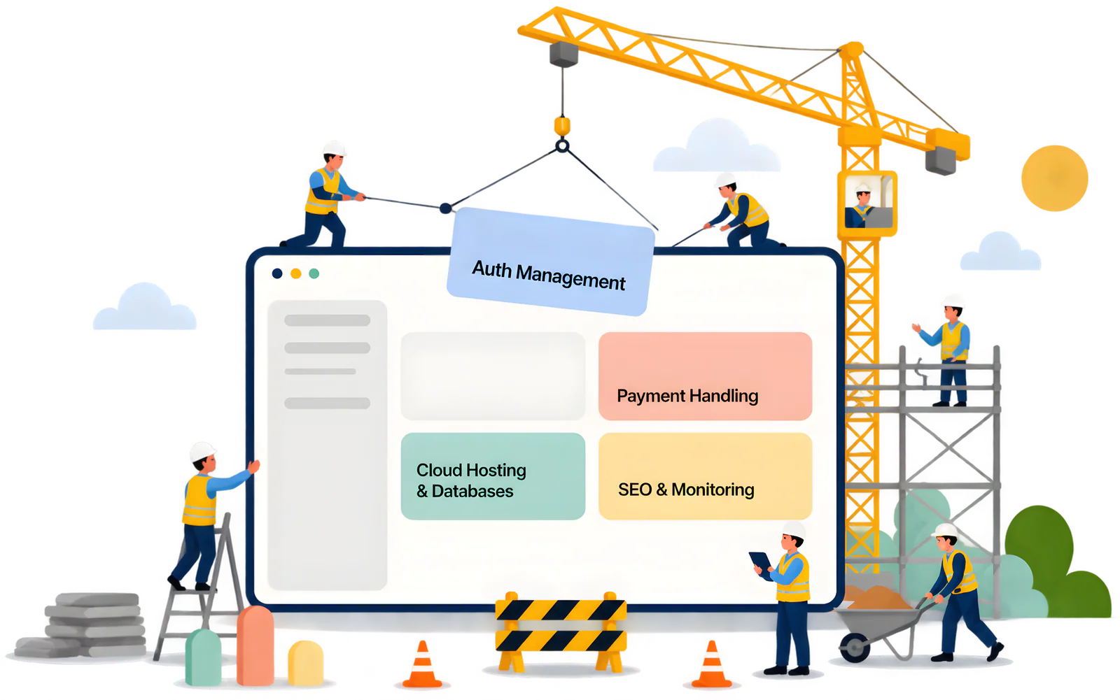 Construction workers building a product interface with authentication, payments, cloud hosting, and monitoring features.