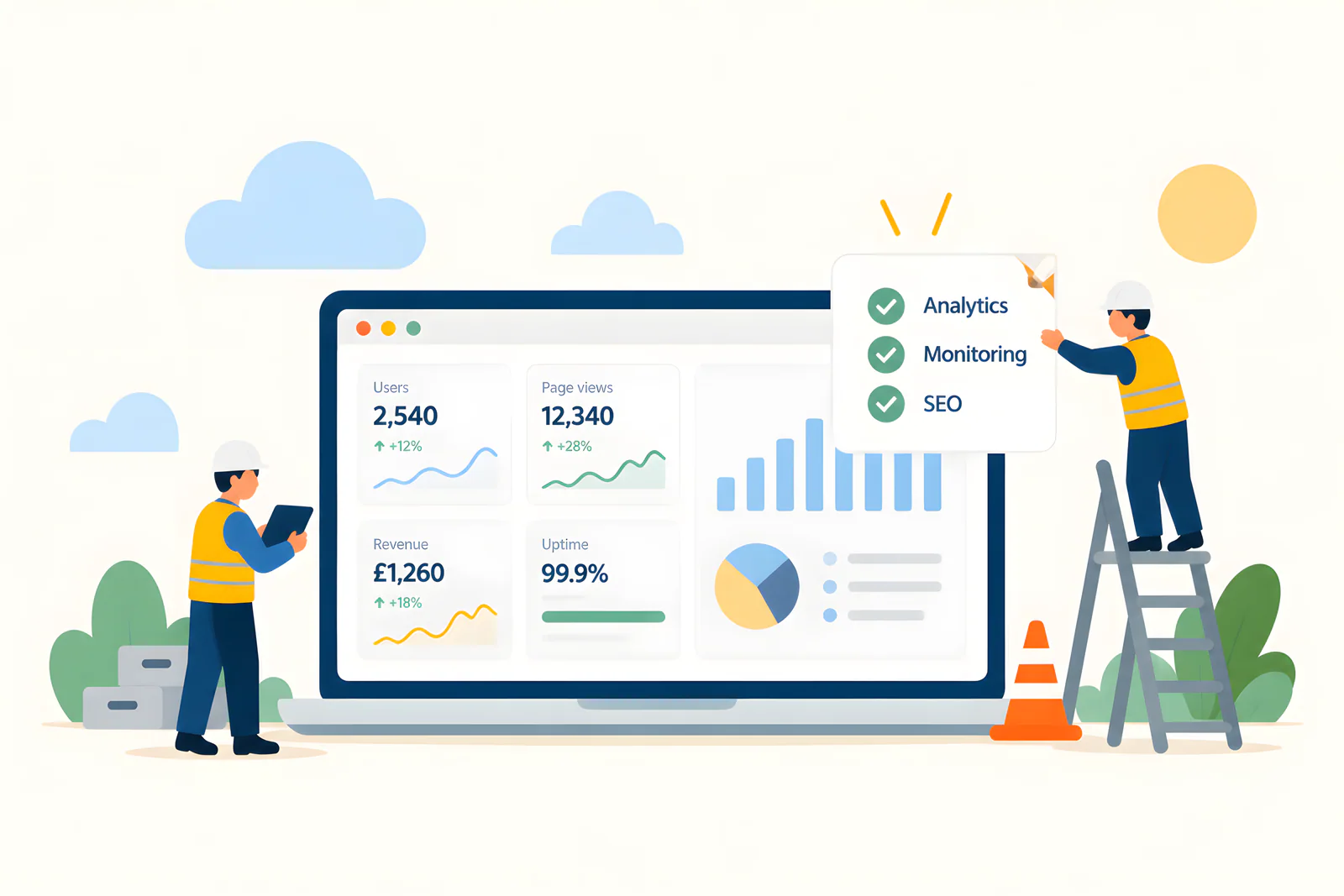 Illustration of analytics, monitoring, SEO, and product performance metrics.
