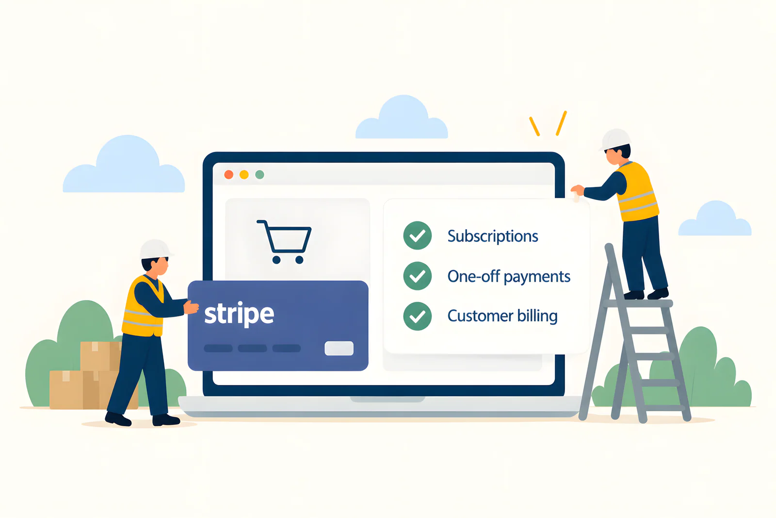 Illustration of payment features including subscriptions, one-off payments, and customer billing.