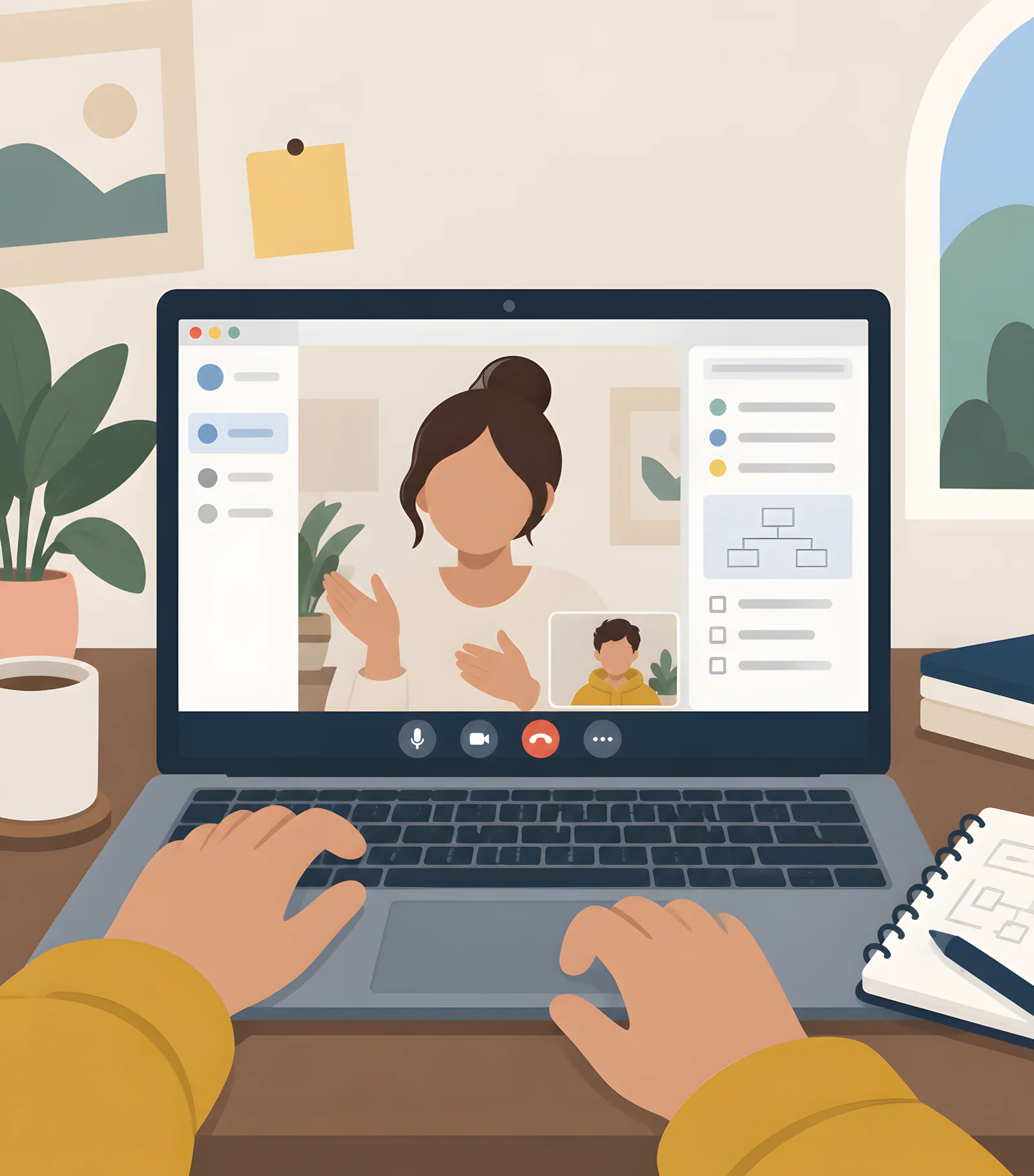 Illustration of a product planning conversation over a video call.