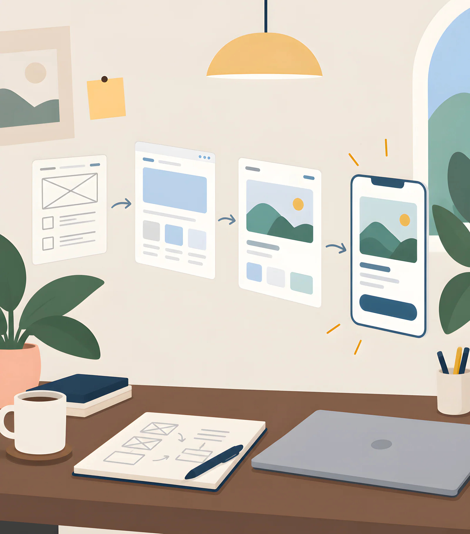 Illustration of product concepts being shaped from wireframes into a mobile interface.