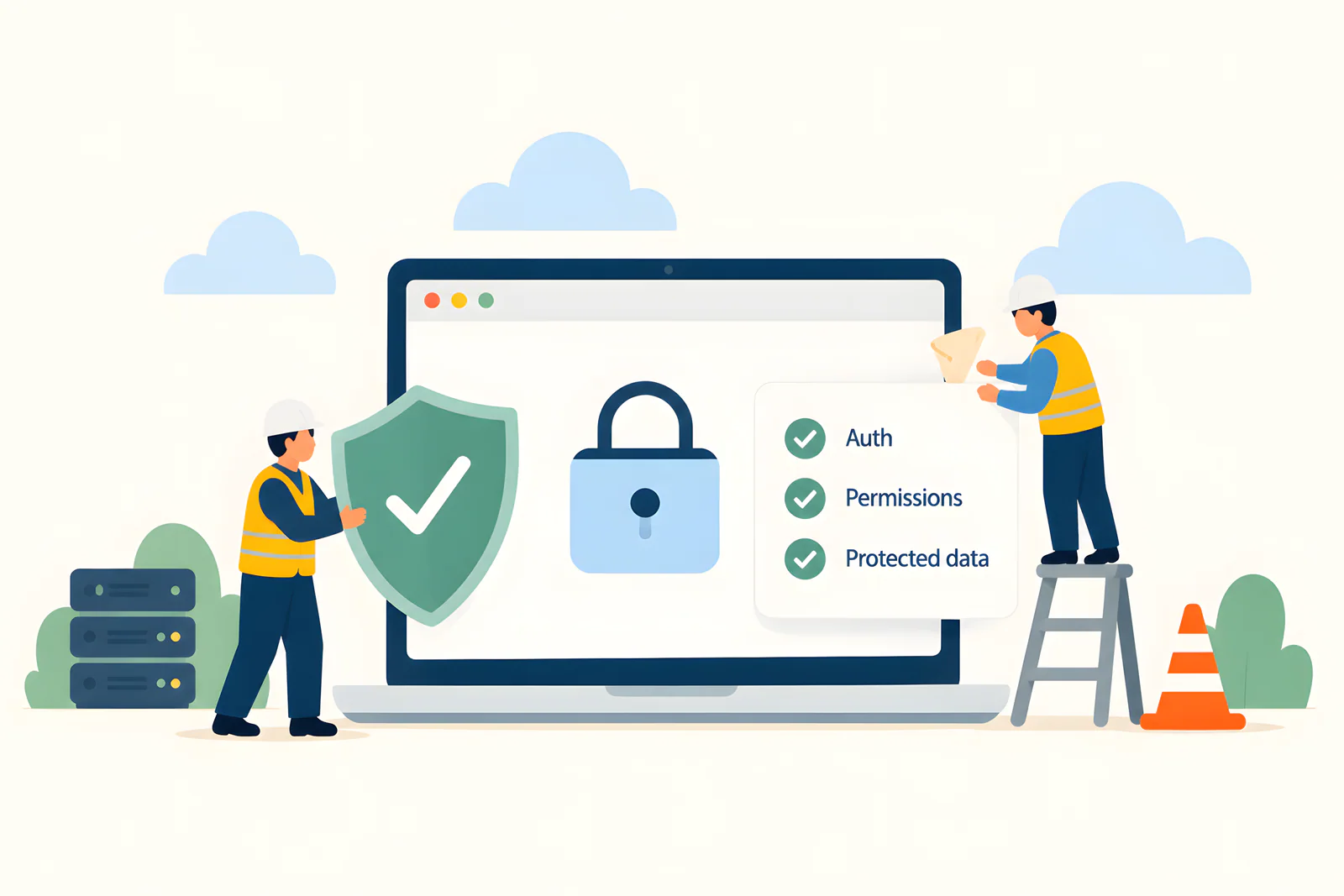 Illustration of secure authentication, permissions, and protected data being built into a product.